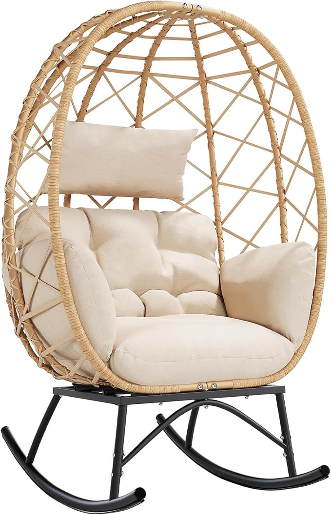 SWITTE Wicker Egg Rocking Chair Outdoor, Oversized Patio Lounge Chairs with Cushion for Indoor Li... | Amazon (US)