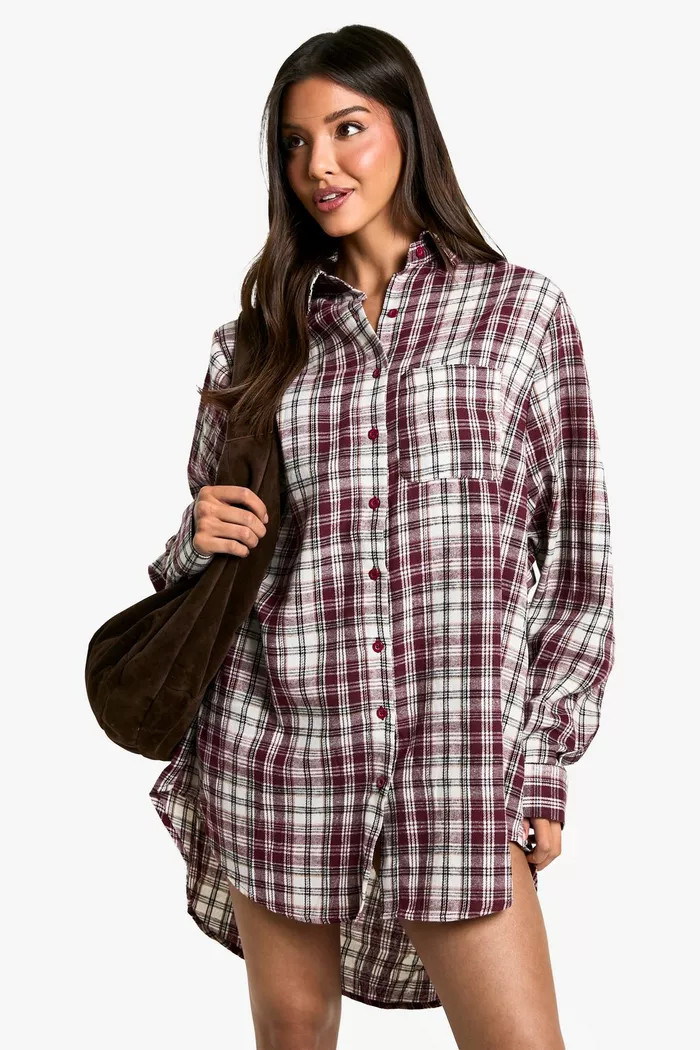 Shoulder Pad Oversized Flannel Shirt Dress | boohoo (US & Canada)