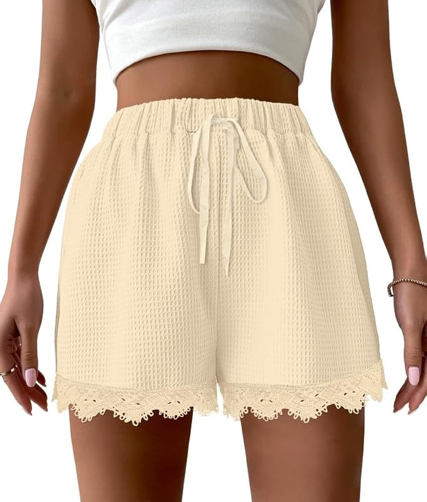 For G and PL Summer Womens Casual Elastic Waist Lace Trim Shorts with Pockets | Amazon (US)