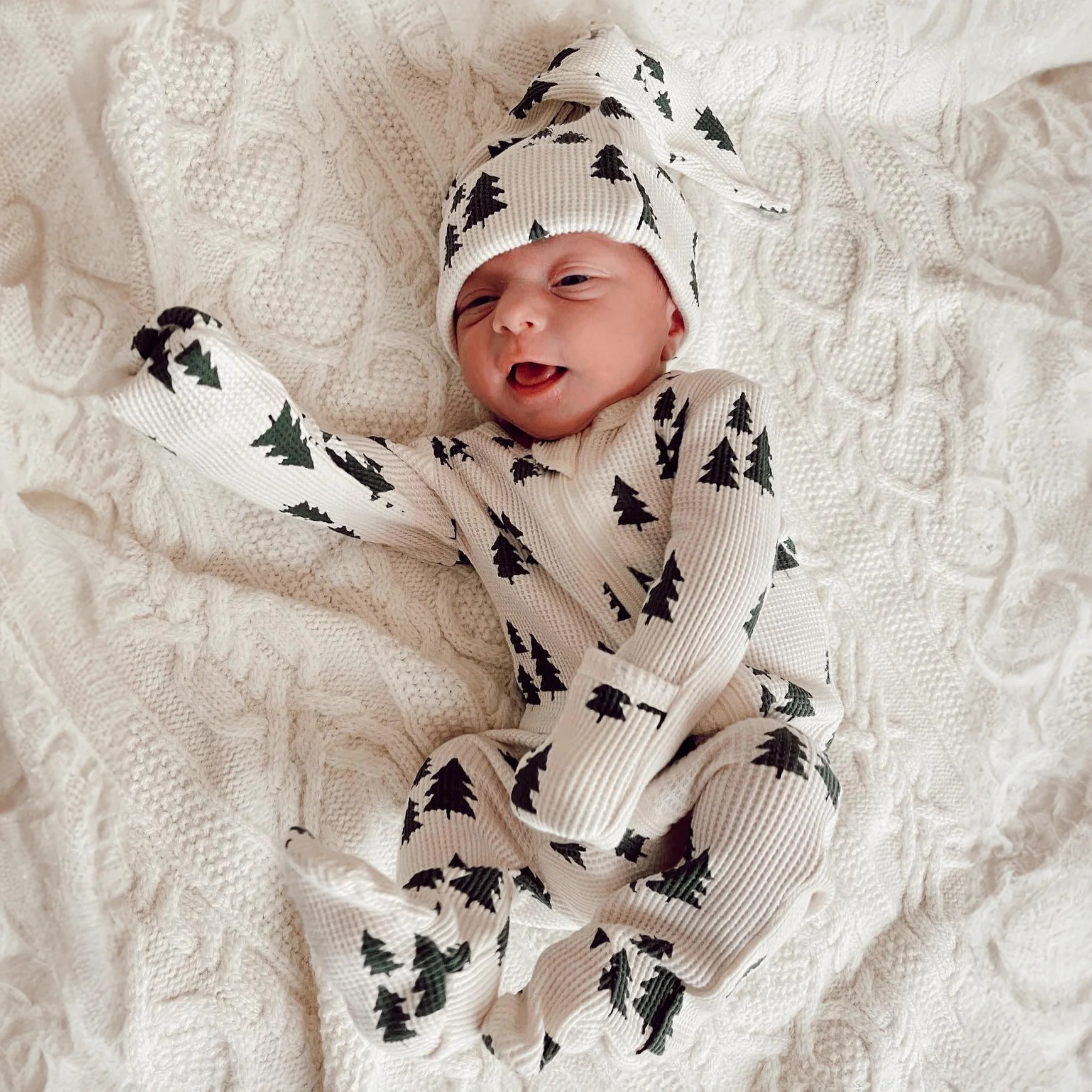 Organic Waffle Basic Zip Footie, Forest Green Trees | SpearmintLOVE