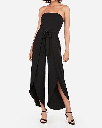 strapless sash tie slit front wide leg jumpsuit | Express