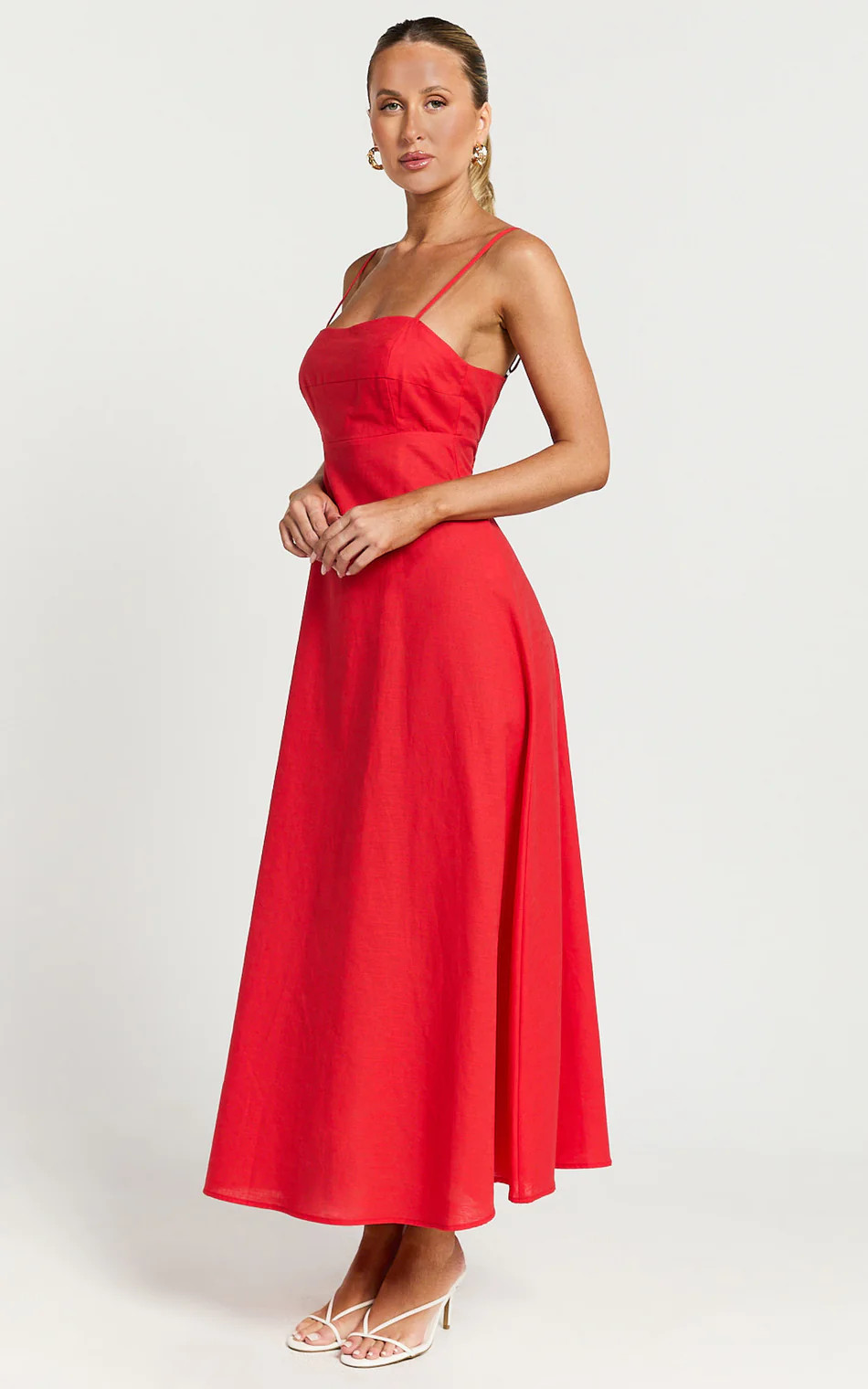 Brette Midi Dress - Linen Straight Neck Strappy Fit And Flare Dress in Red | Showpo (US, UK & Europe)