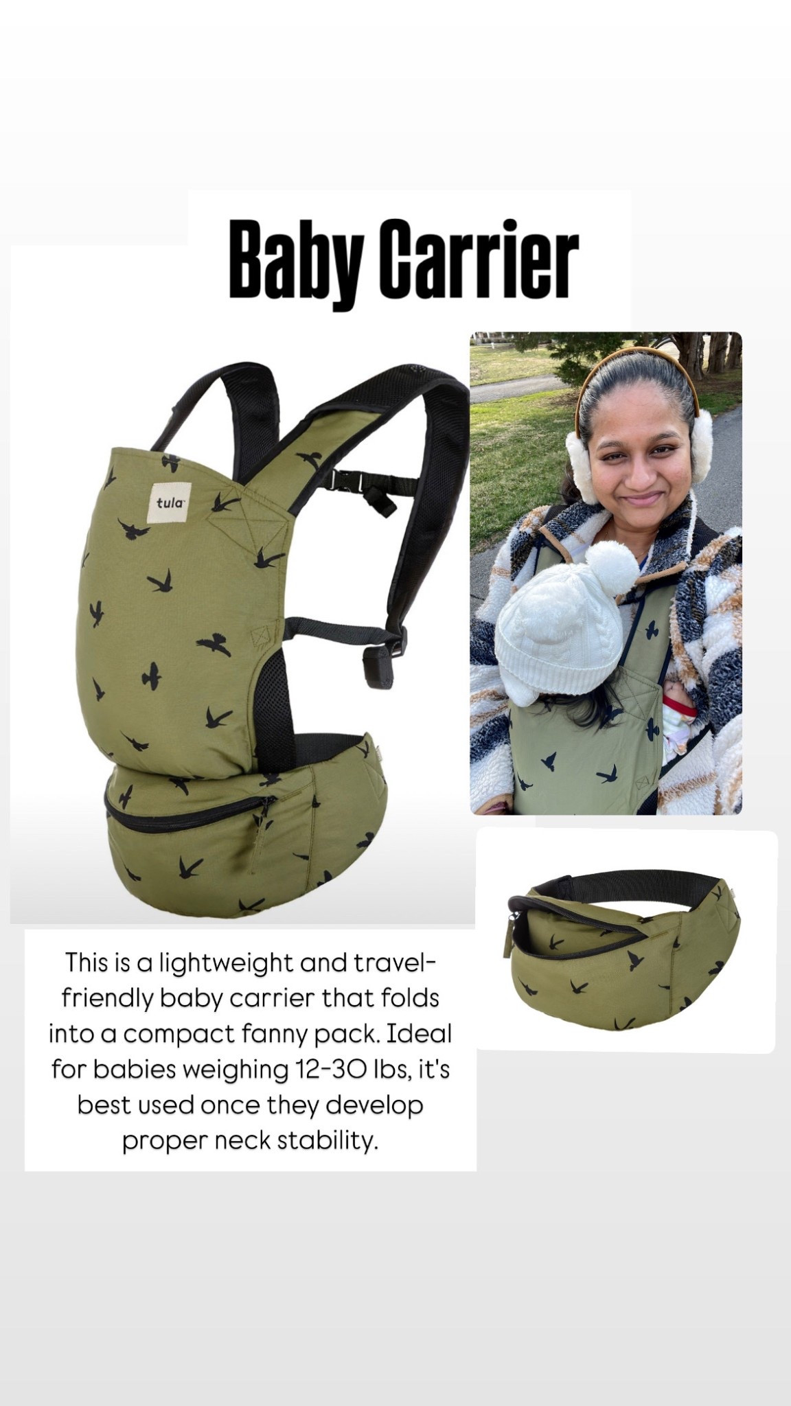 Tula lite baby carrier :Soar 
This lightweight and travel-friendly baby carrier folds into a compact fanny pack. Ideal for babies weighing 12-30 lbs, it's best used once they develop proper neck stability.

#LTKBaby #LTKKids #LTKFamily