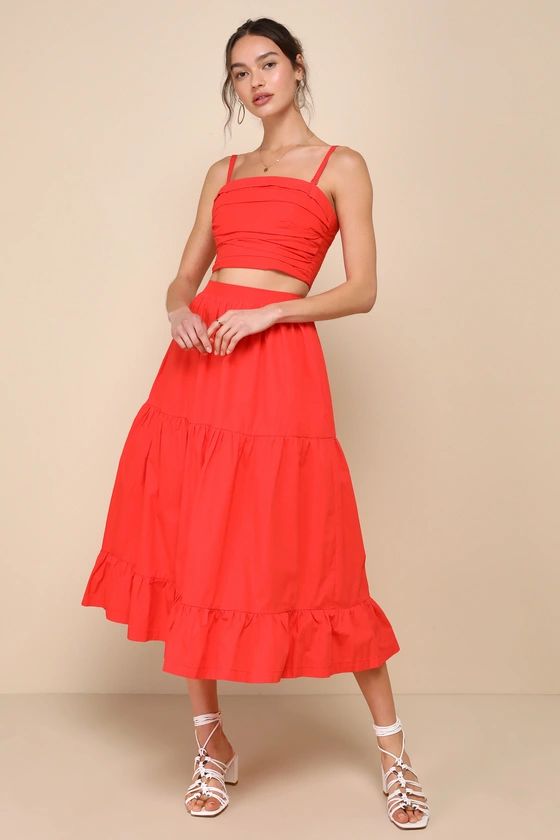 Daytime Perfection Red Cotton Tiered Midi Skirt | Lulus