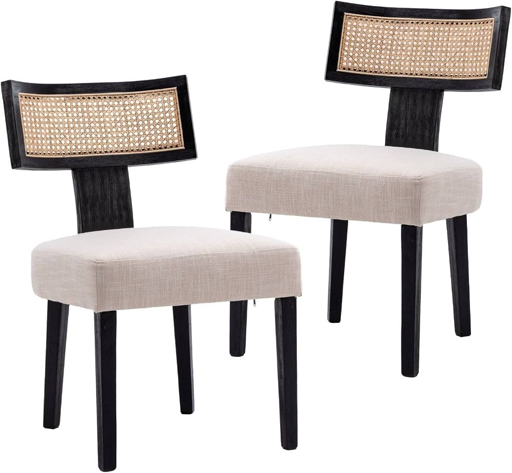 HNY Mid Century Modern Rattan Dining Chairs Set of 2, Farmhouse Linen Upholstered Accent Chair Cu... | Amazon (US)