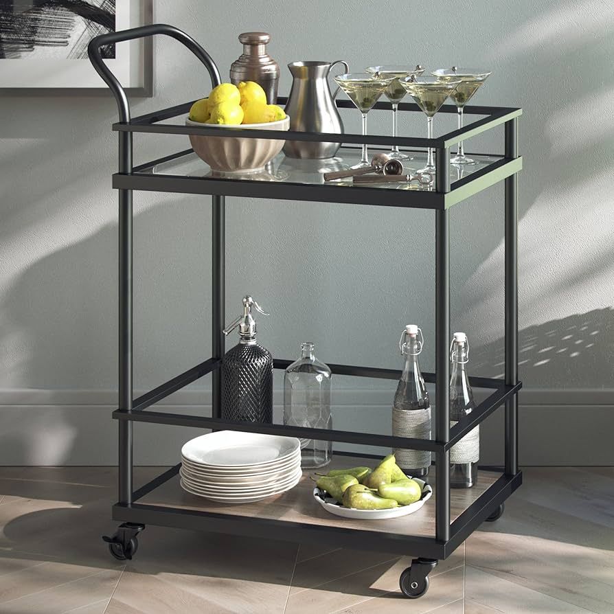 Nathan James Mid-Century Modern Two Tier Rolling Serving, Carter Metal and Glass Bar Cart, Black/... | Amazon (US)
