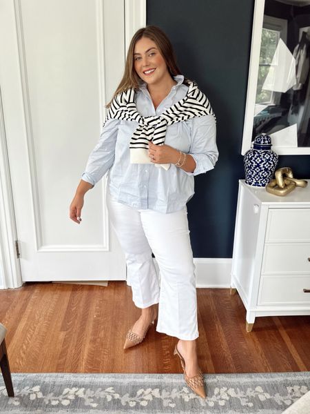White denim is a closet staple of mine for spring and summer! Wearing size 1X in jeans, 1X in striped sweater, XL in button down. Shoes are old, but linking similar! Use CARALYN10 at Spanx. 

#LTKWorkwear #LTKMidsize #LTKStyleTip