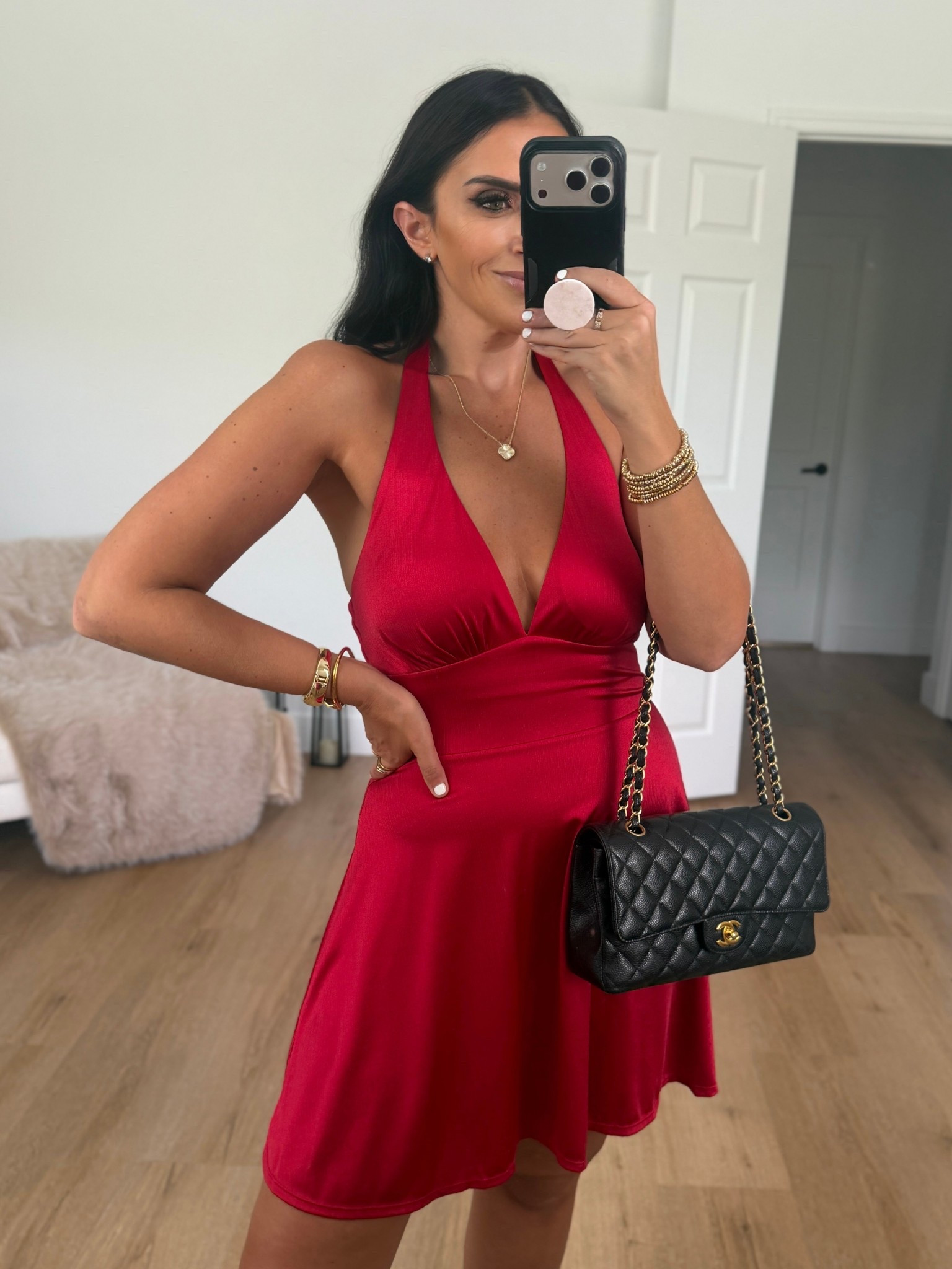 Built-in Shapewear Halter Neck Vacation & Daytime Fit & Flare Shapewear Mini Dress wearing size small