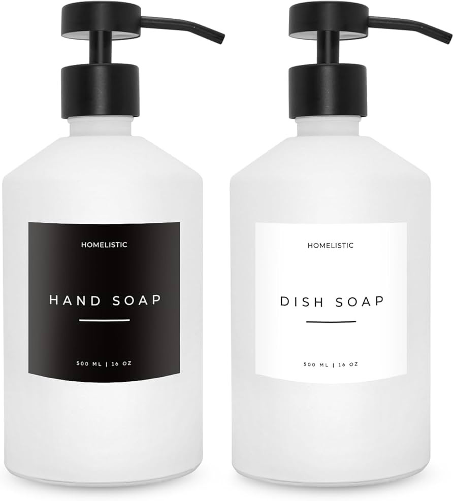Luxury Glass Soap Dispenser Set of 2 - Elegant Aesthetic White Glass Bottles with Modern Matte Bl... | Amazon (US)