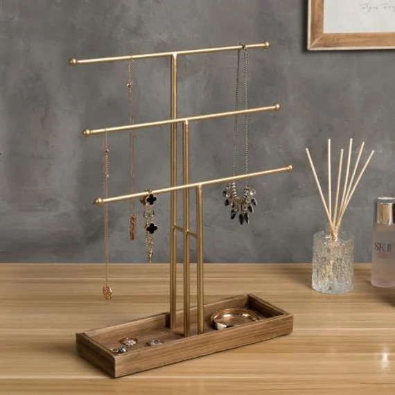 Gold Metal Jewelry Display Stand w/ Wooden Ring Tray | Etsy (US)