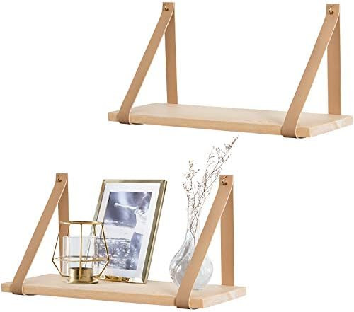 Mkono Hanging Shelf Wall Wood Floating Storage Shelves Leather Strap Swing Organizer, Set of 2 | Amazon (US)
