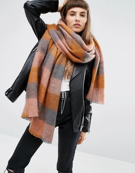 ASOS Oversized Long Fluffy Check Pastel Scarf at asos.com | ASOS US