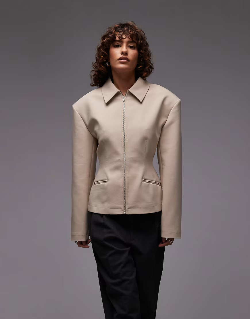 ASOS DESIGN tailored sculpted cinch waist zip up jacket in camel-Neutral | ASOS (Global)