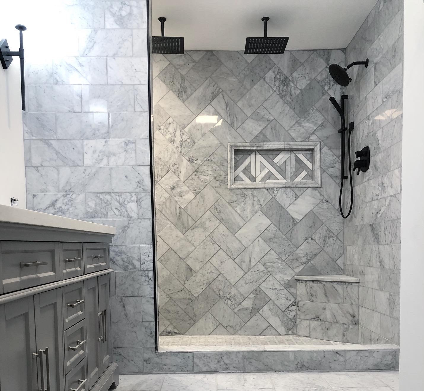 Bathroom remodel, black finishes, rainfall shower head 

#LTKHome