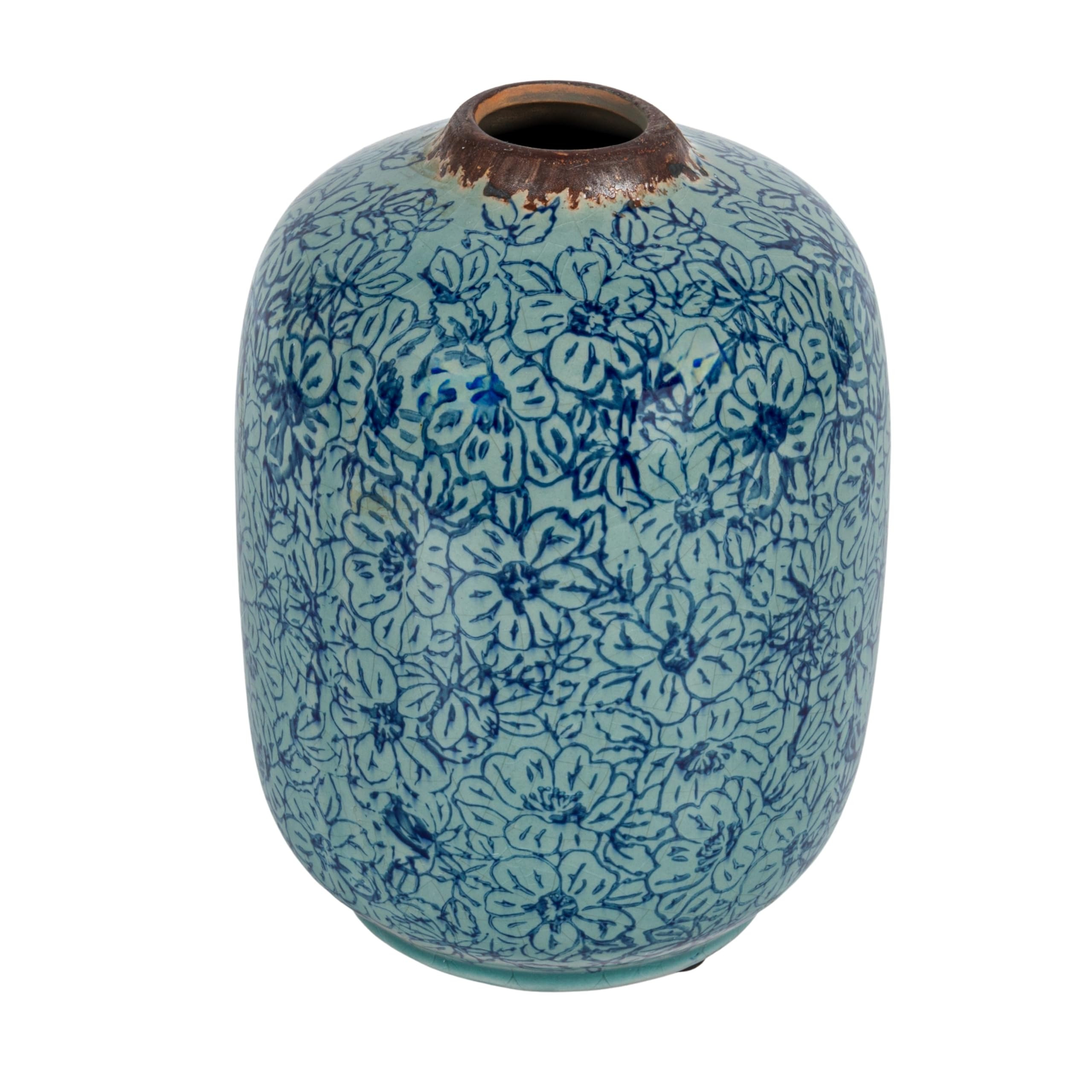 Creative Co-Op Decorative Round Terra-Cotta Vase with Floral Pattern with Distressed Finish, Blue | Amazon (US)