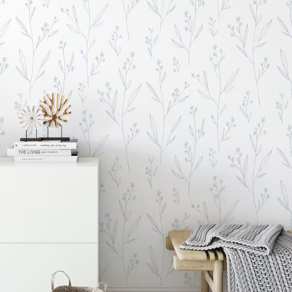 Minimal Floral Wallpaper. Color: Ice Blue. Peel and Stick or - Etsy | Etsy (US)