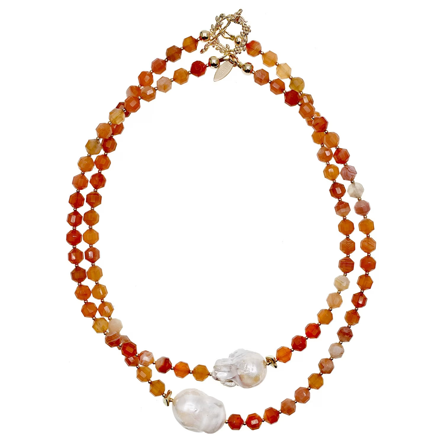 Orange Agate With Baroque Pearls Double Strands Necklace | Wolf & Badger