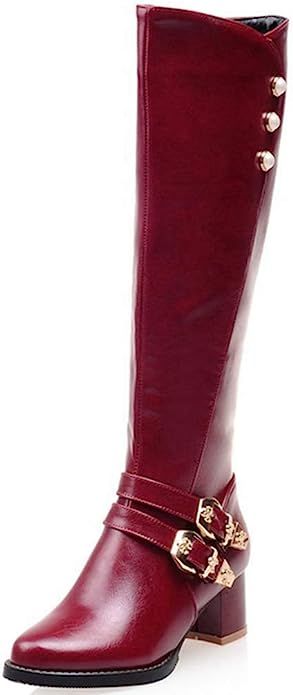 GIY Women's Knee High Boots Wide Calf Buckles Chunky Low Heel Side Zipper Tall Dress Boots Mid Ca... | Amazon (US)