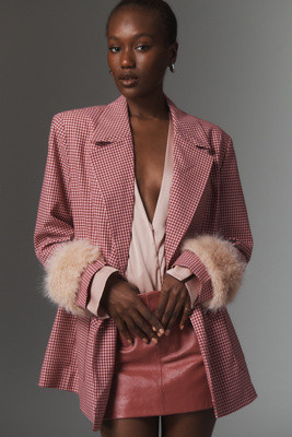 Maeve Houndstooth Faux Fur-Cuff Blazer | Anthropologie (US)
