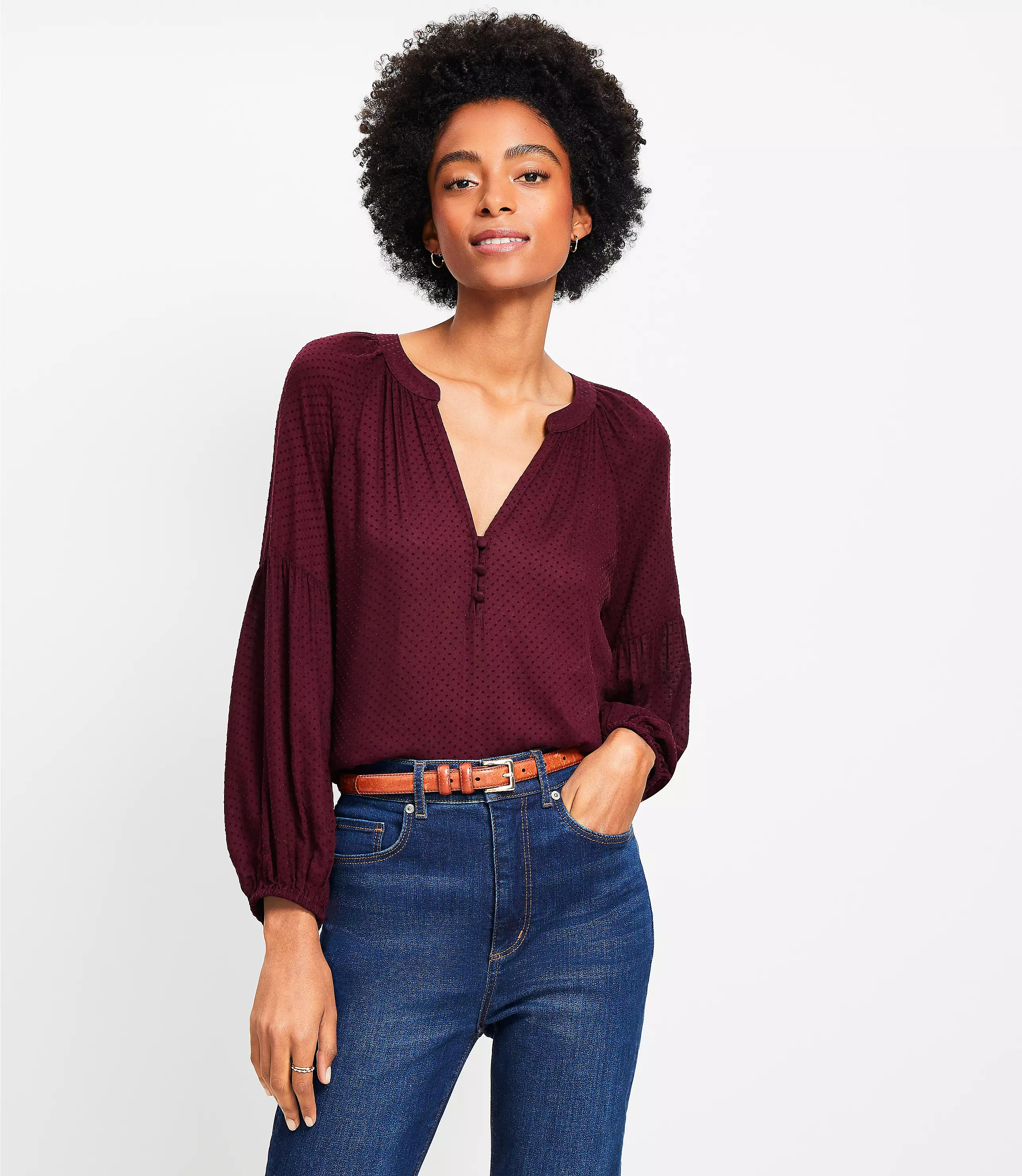 Velvet Dot Billow Sleeve Blouse | LOFT