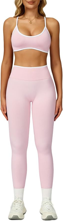 ABOCIW Womens 2 Piece Workout Sets Seamless Color Block Sports Bra Scrunch Butt Lifting High Wais... | Amazon (US)