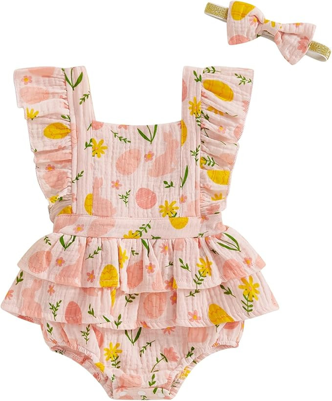 Baby Girl Clothes Easter Outfit Cute Bunny Eggs Print Ruffle Bubble Romper Onesie Playwear with H... | Amazon (US)