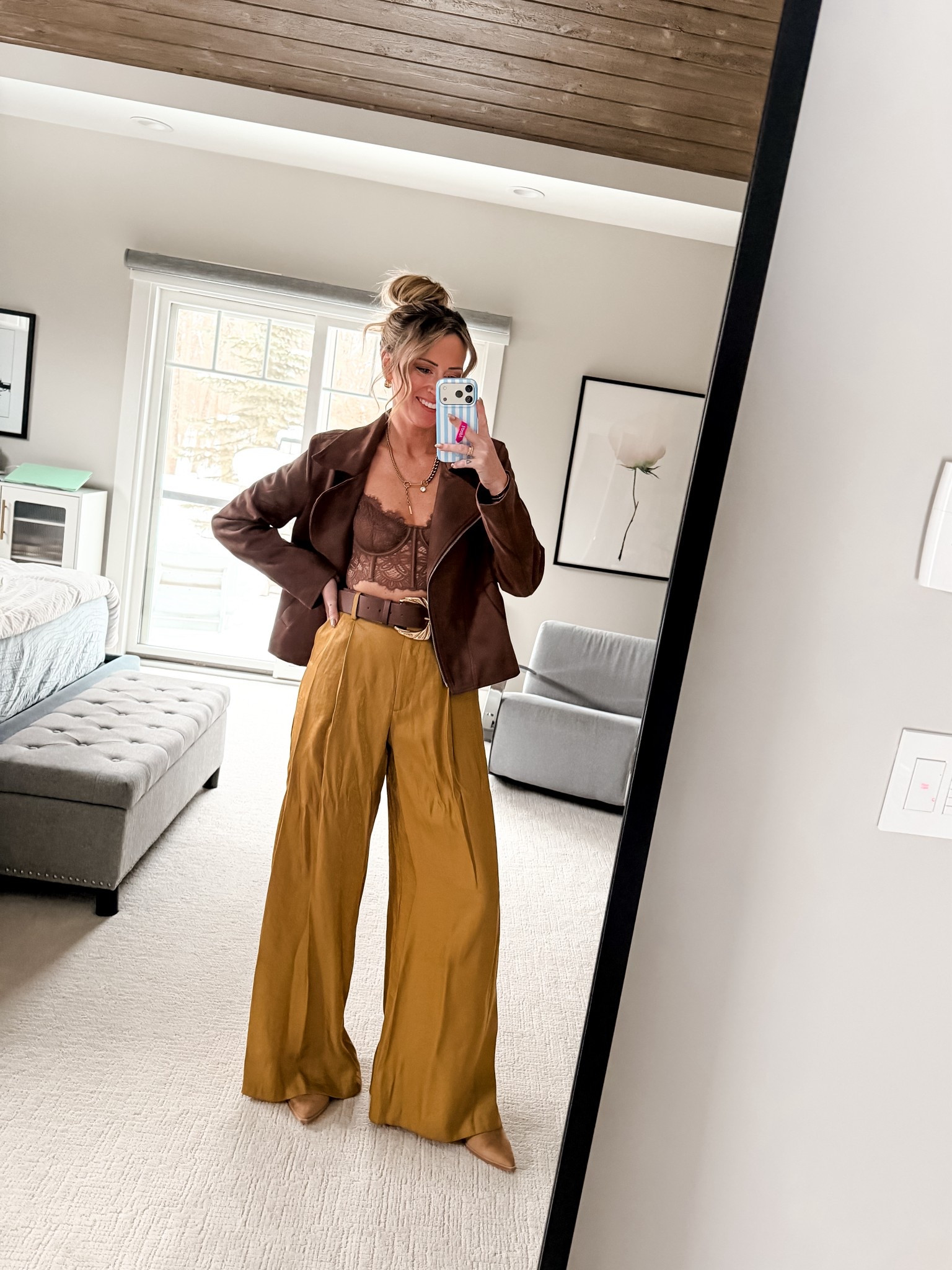 Date night outfit ideas
Wide leg satin pants and corset bustier top 
Brown style and winter outfits 