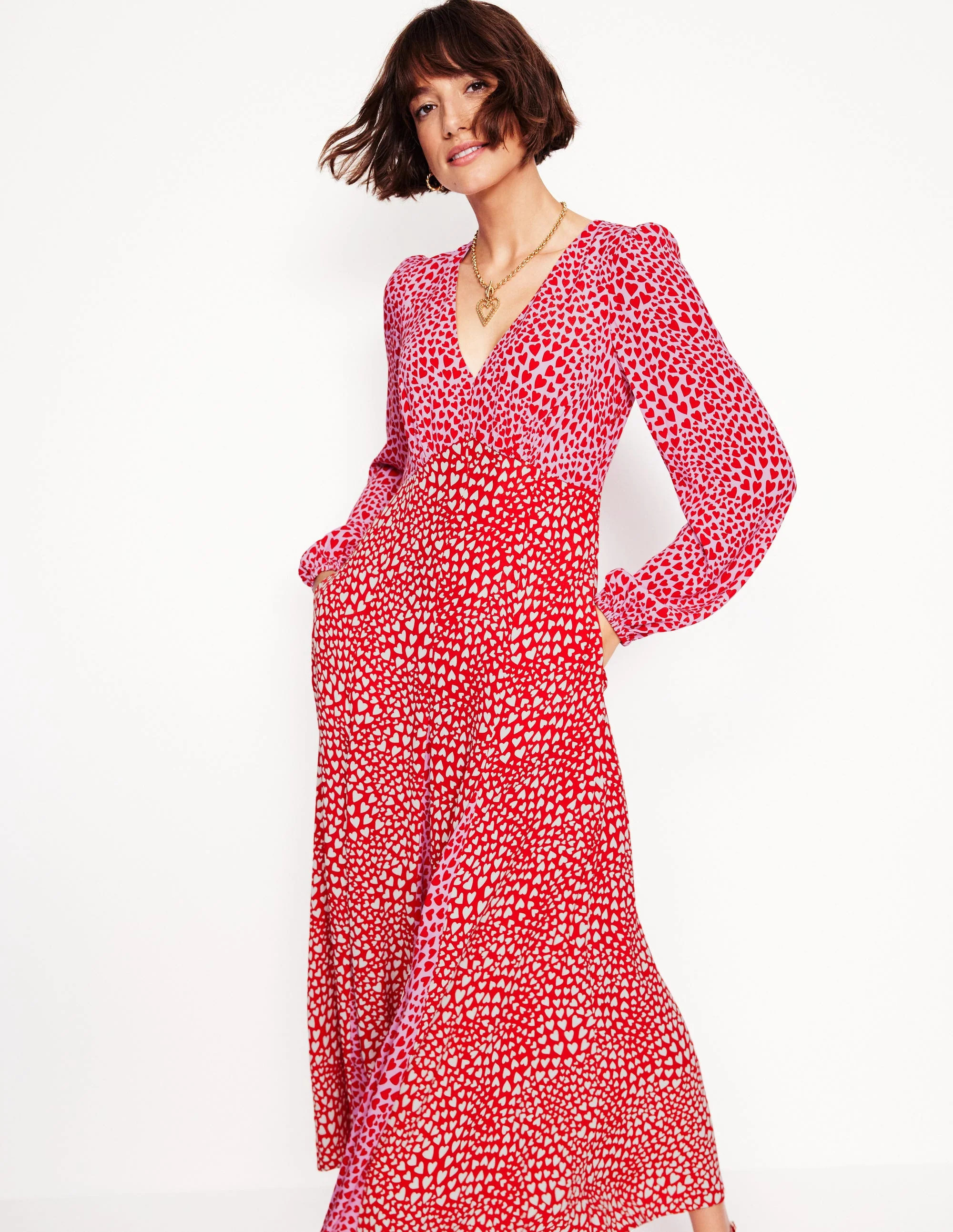 Lisa Long Sleeve Tea Dress-Pink, Heart Cluster | Boden (US)