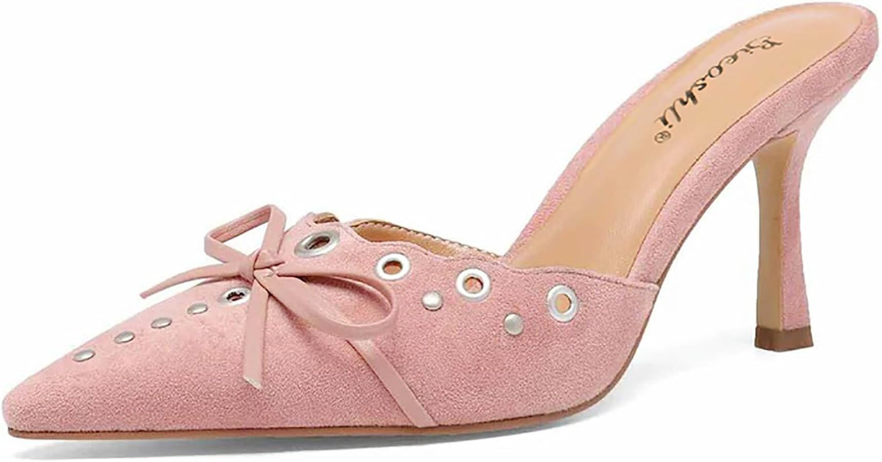 Women Pointed Toe Bow Kitten Heels Suede Studded Stiletto Sandals Mules Dress Wedding Party | Amazon (US)