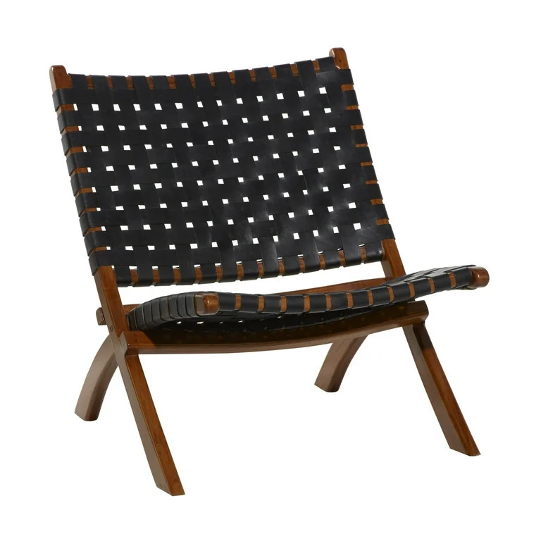 DecMode Leather Woven Folding Chair with Brown Wood Frame, Black | Walmart (US)