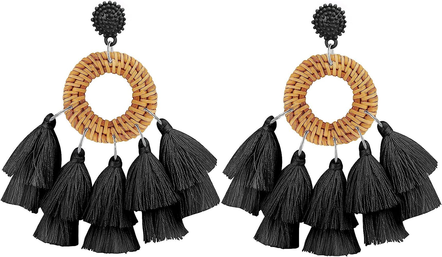 WFYOU Rattan Tassel Earrings for Women Bohemian Statement Handmade Woven Drop Dangle Earrings | Amazon (US)