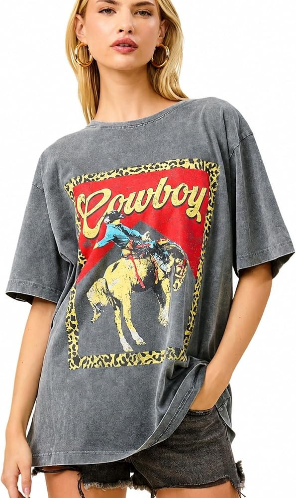 Women\u2019s Premium Oversized Vintage Graphic T Shirt \u2013 Mineral Washed Relaxed Fit Boho Wes... | Amazon (US)