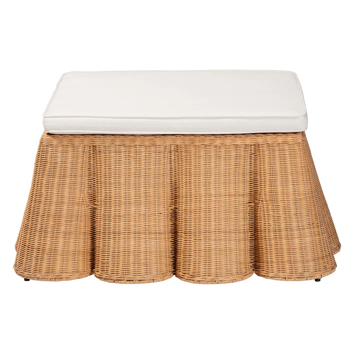 bali & pari Palm Scallop Natural Rattan Ottoman with Cushion – Handwoven Wicker Accent Bench or... | Wayfair North America