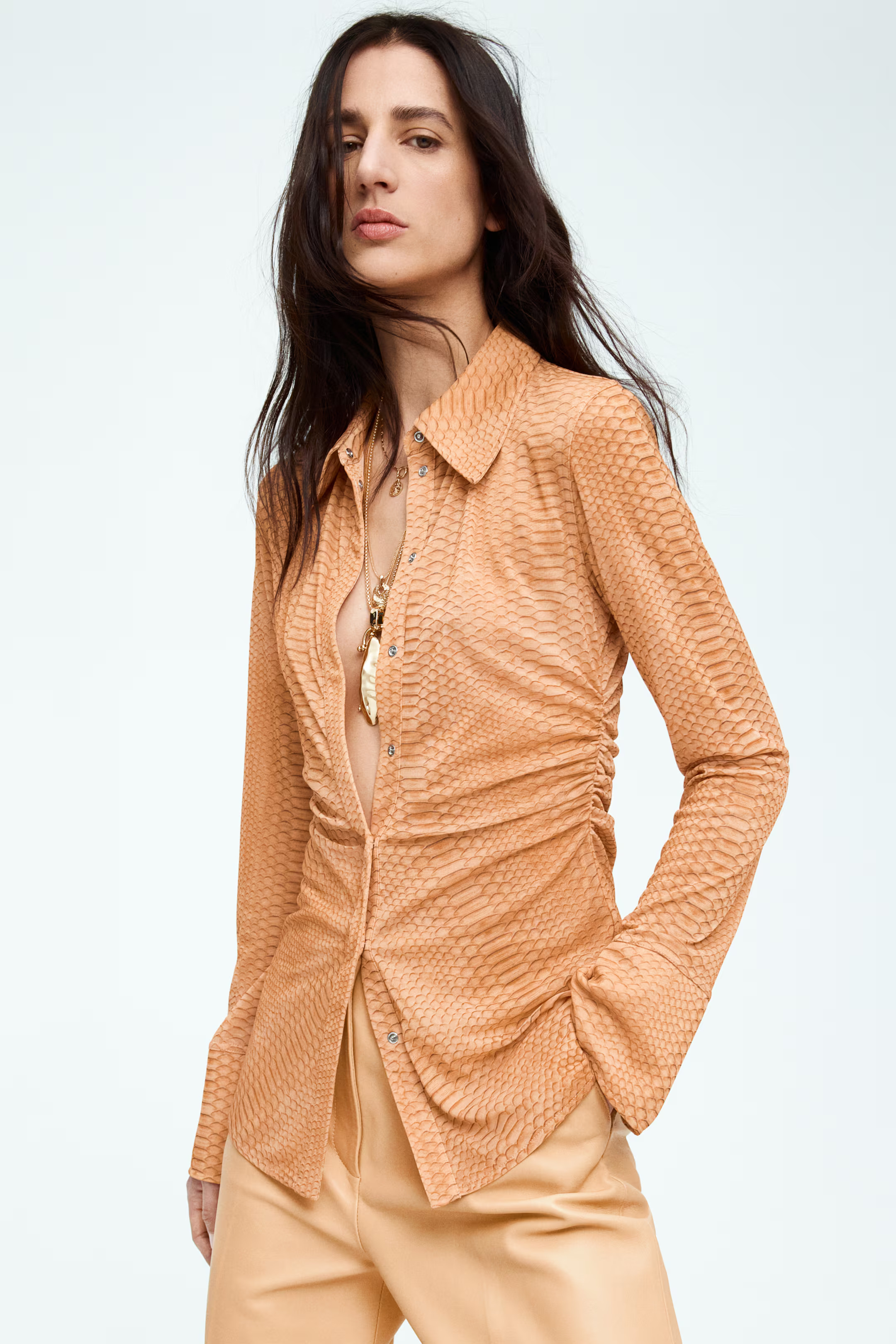 Ruched mesh shirt | H&M (UK, MY, IN, SG, PH, TW, HK)