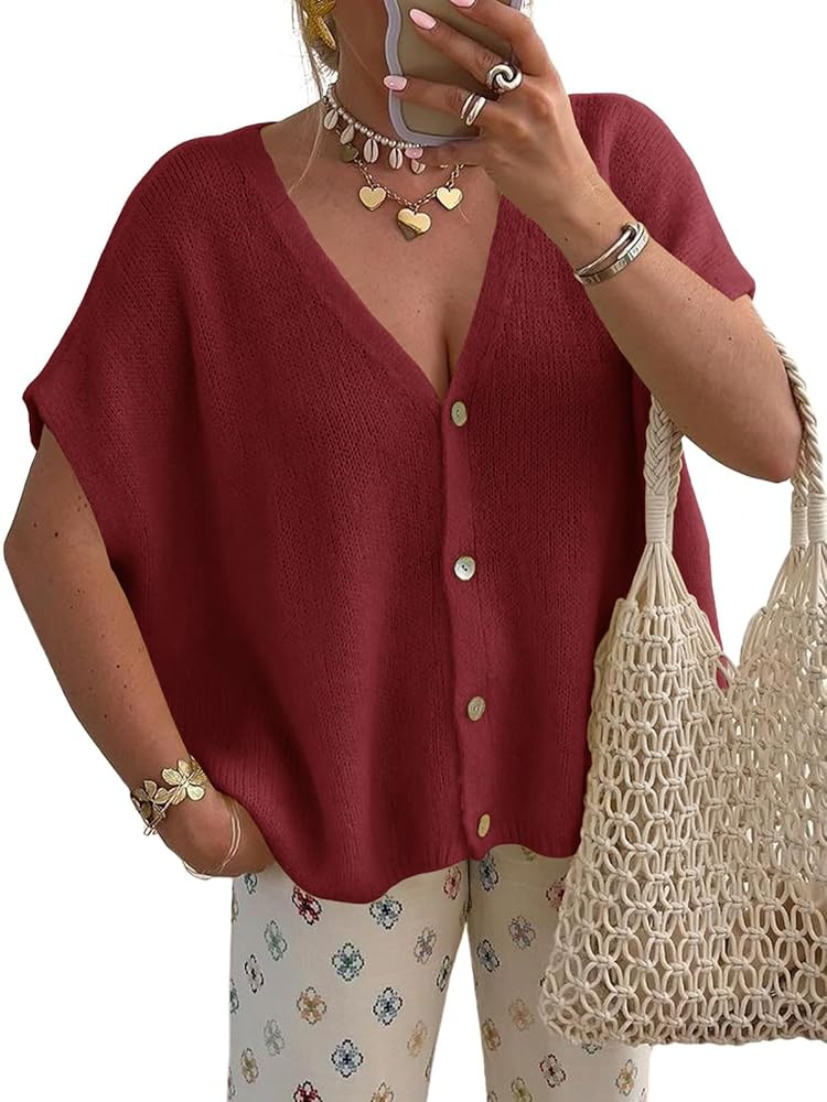 Saodimallsu Womens Summer Oversized Cardigans Batwing Short Sleeve Lightweight Button V Neck Casu... | Amazon (US)