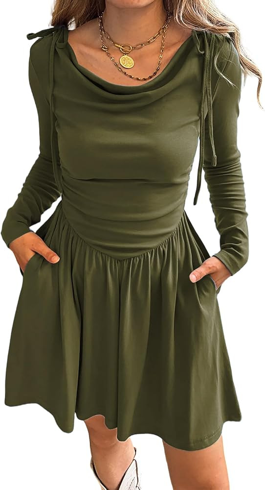 Mieazom Womens Long Sleeve Mini Dress Cowl Neck Skater Dress with Pockets | Amazon (US)