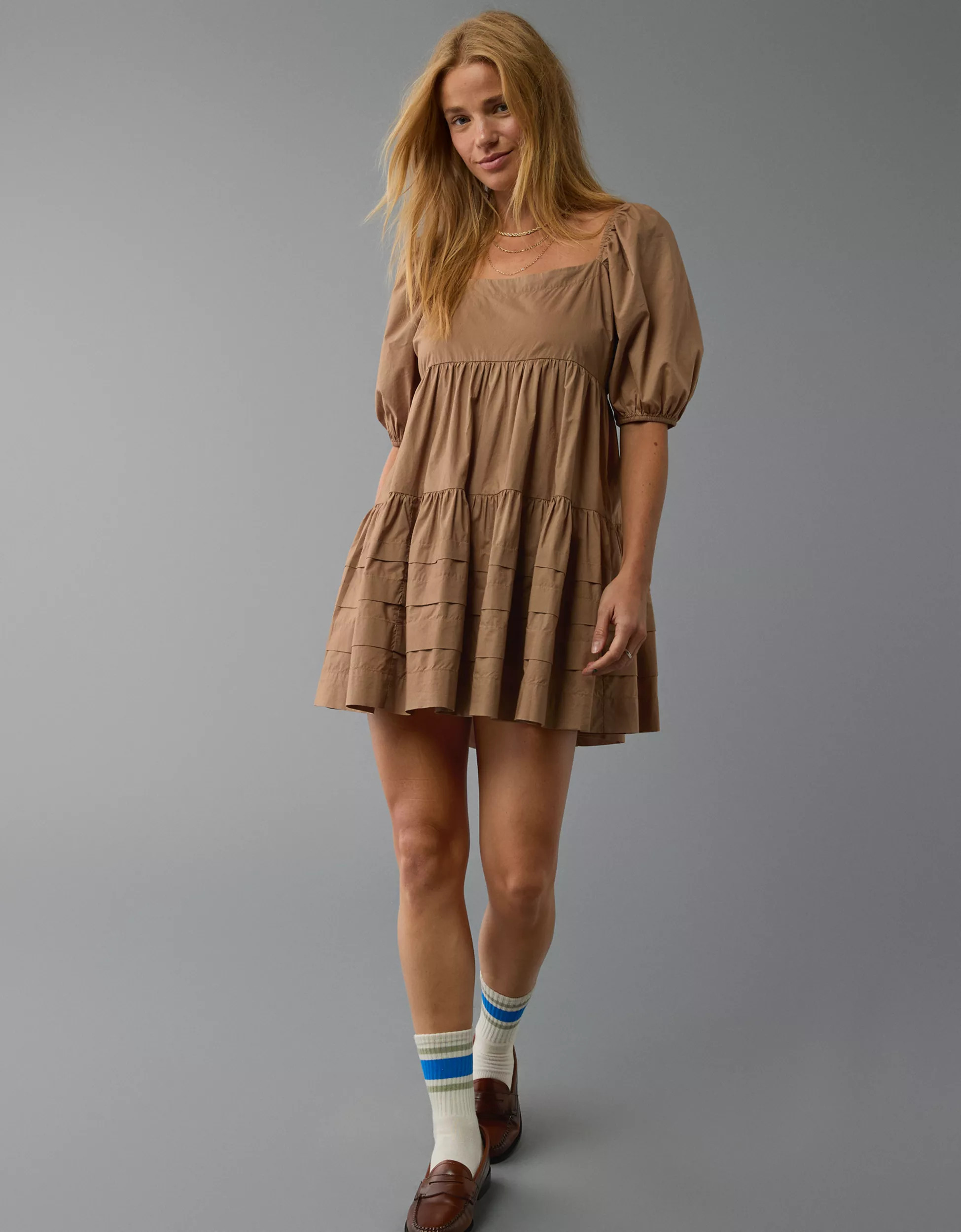 AE Puff Sleeve Tiered Babydoll Mini Dress | American Eagle Outfitters (US & CA)