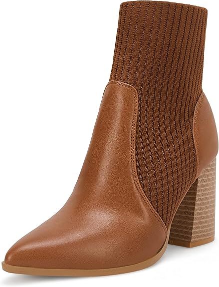 Ermonn Womens Pointed Toe High Heels Ankle Boots Zipper Block Chunky Heel Knit Elastic Fall Winte... | Amazon (US)