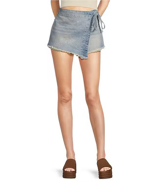 Free People Emmy Denim High Waisted Asymmetric Raw Hem Tie Side Mini Skort | Dillard's | Dillard's
