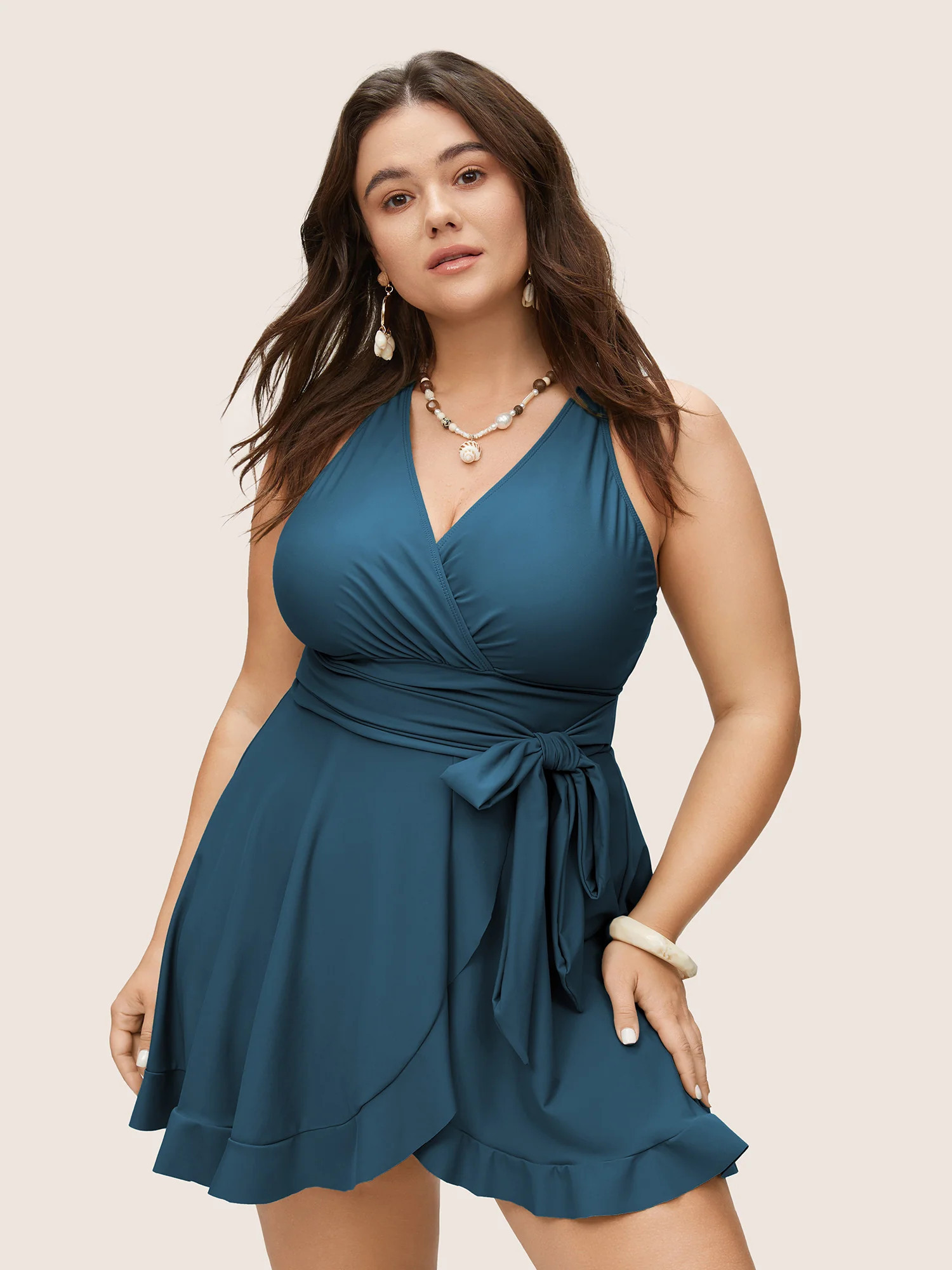 Plain Ties Wrap Flutters Swim Dress | Bloomchic