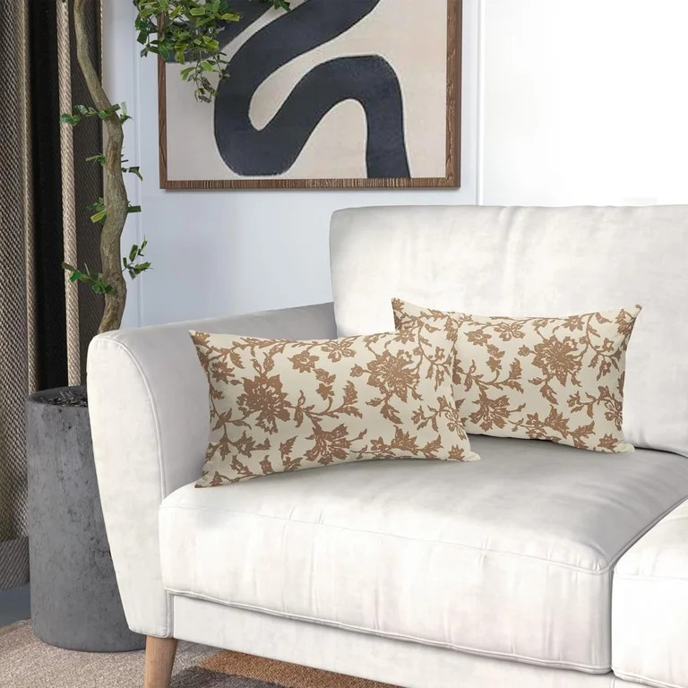 Brown Floral Block Print Lumbar Pillow Covers 12x20 Set of 2 Rustic Old Style Vintage Flower Patt... | Walmart (US)