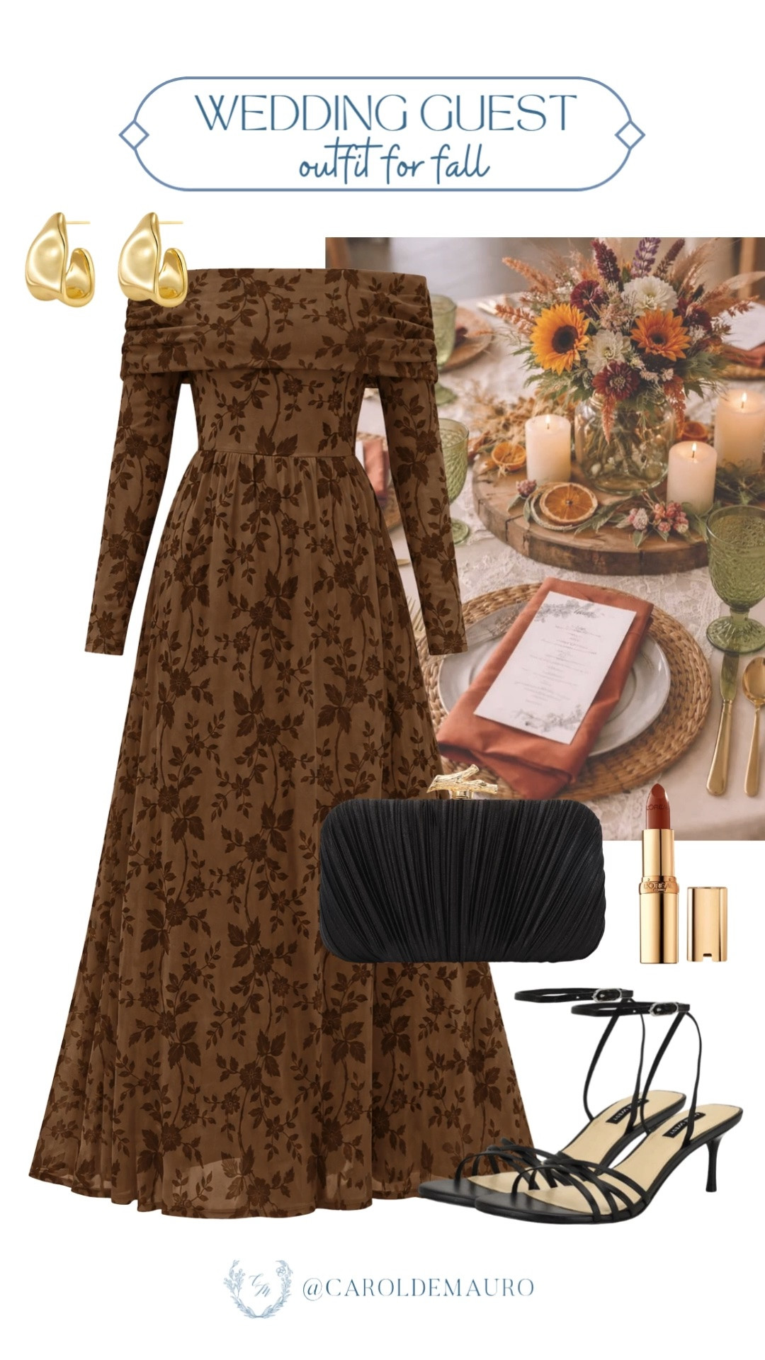 fall wedding guest outfit, formal wear, strappy sandals, clutch bag, off the shoulder dress, autumn gown, petite fashion, modest style, dressy outfit

#LTKootd #LTKSeasonal #LTKU