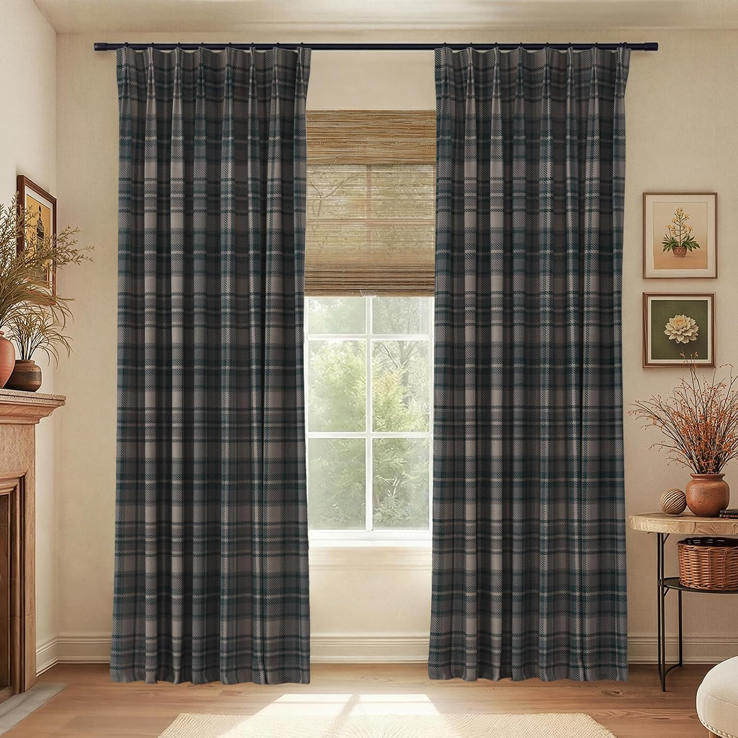 TWOPAGES Pinch Pleat Plaid Curtain 96 Inch Long Blackout Drape Linen Textured Tartan Curtain for Kitchen Bathroom (Raisin, 26W x 96L Inches, 1 Panel) | Amazon (US)