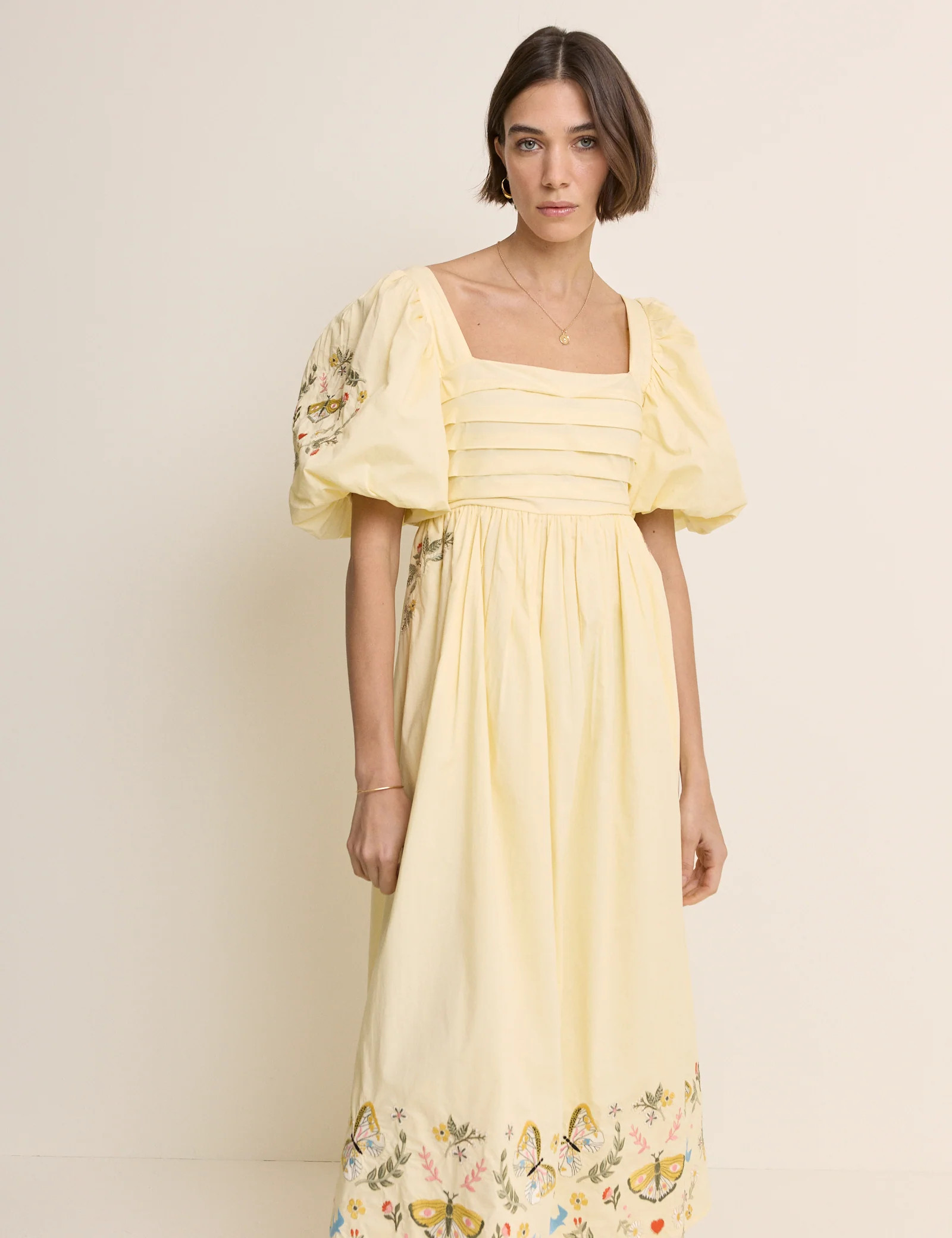 Butter Yellow Embroidered Pleated Nova Midi Dress | Nobody's Child