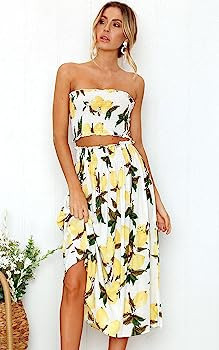 Angashion Women's Floral Crop Top Maxi Skirts Set 2 Piece Outfit Dress | Amazon (US)