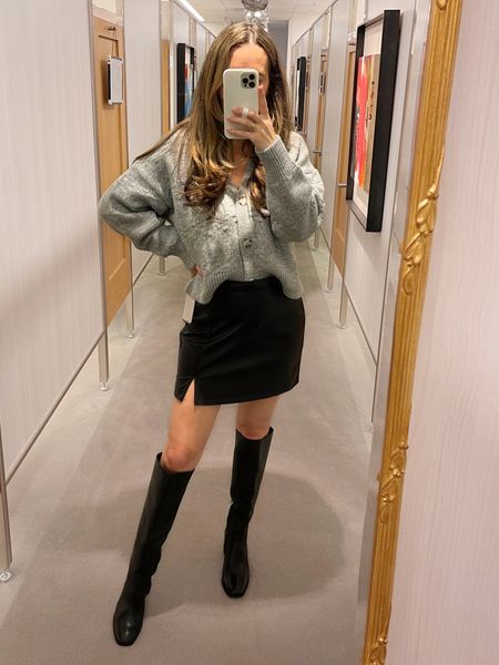 Topshop cardigan from the NSALE, runs big (wearing XS), with BP faux leather skirt (runs true, wearing S) and Dolce Vita tall leather boots. 