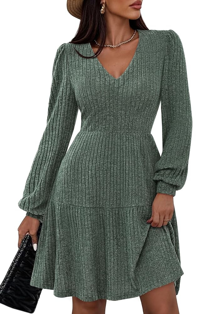 PRETTYGARDEN Womens Sweater Dress 2025 Fall Long Sleeve V Neck A Line Fit and Flare Ribbed Short ... | Amazon (US)