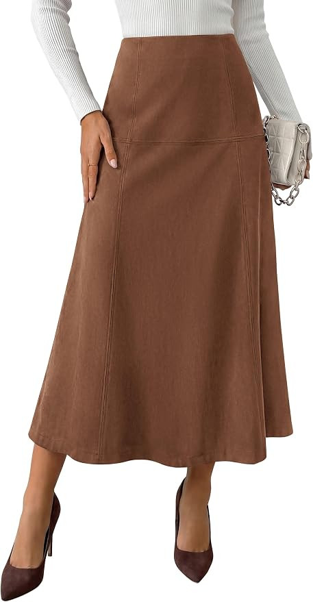 PRETTYGARDEN Womens High Waist Faux Suede A Line Midi Skirt | Amazon (US)