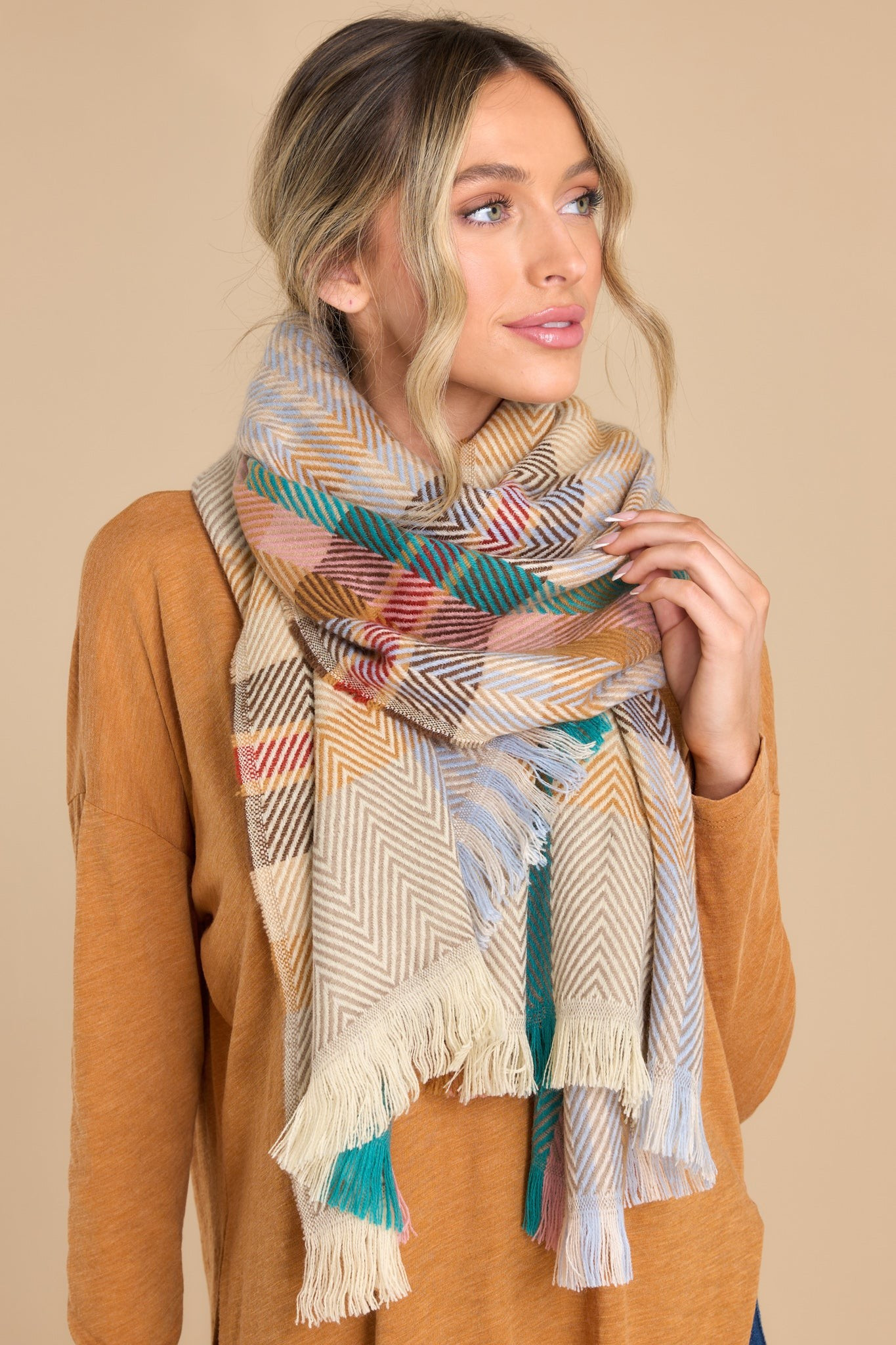 All The Cozy Ivory Multi Plaid Scarf | Red Dress 