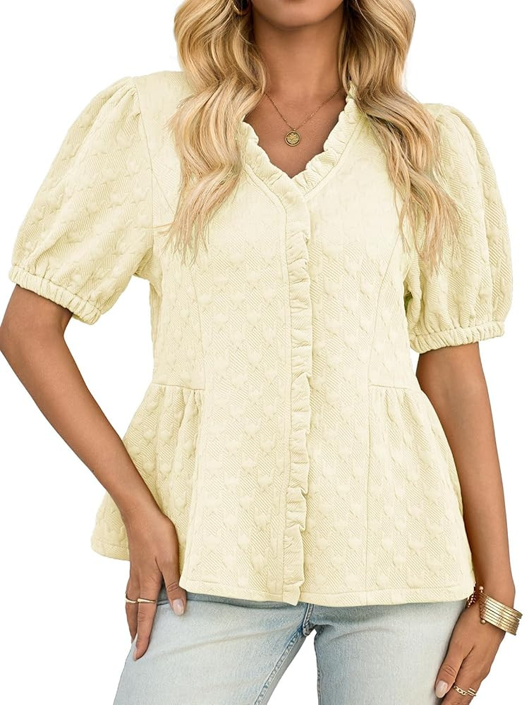 Cicy Bell Womens Peplum Puff Sleeve Tops Dressy Casual Summer Textured Blouses V Neck Ruffle Plea... | Amazon (US)